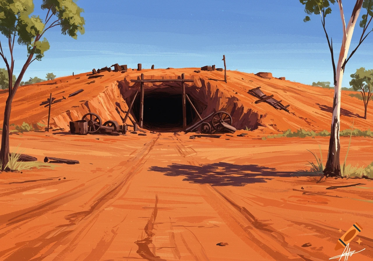 Illustration of an Australian outback landscape with a mine entrance, red earth, sparse trees, and wagon wheels.