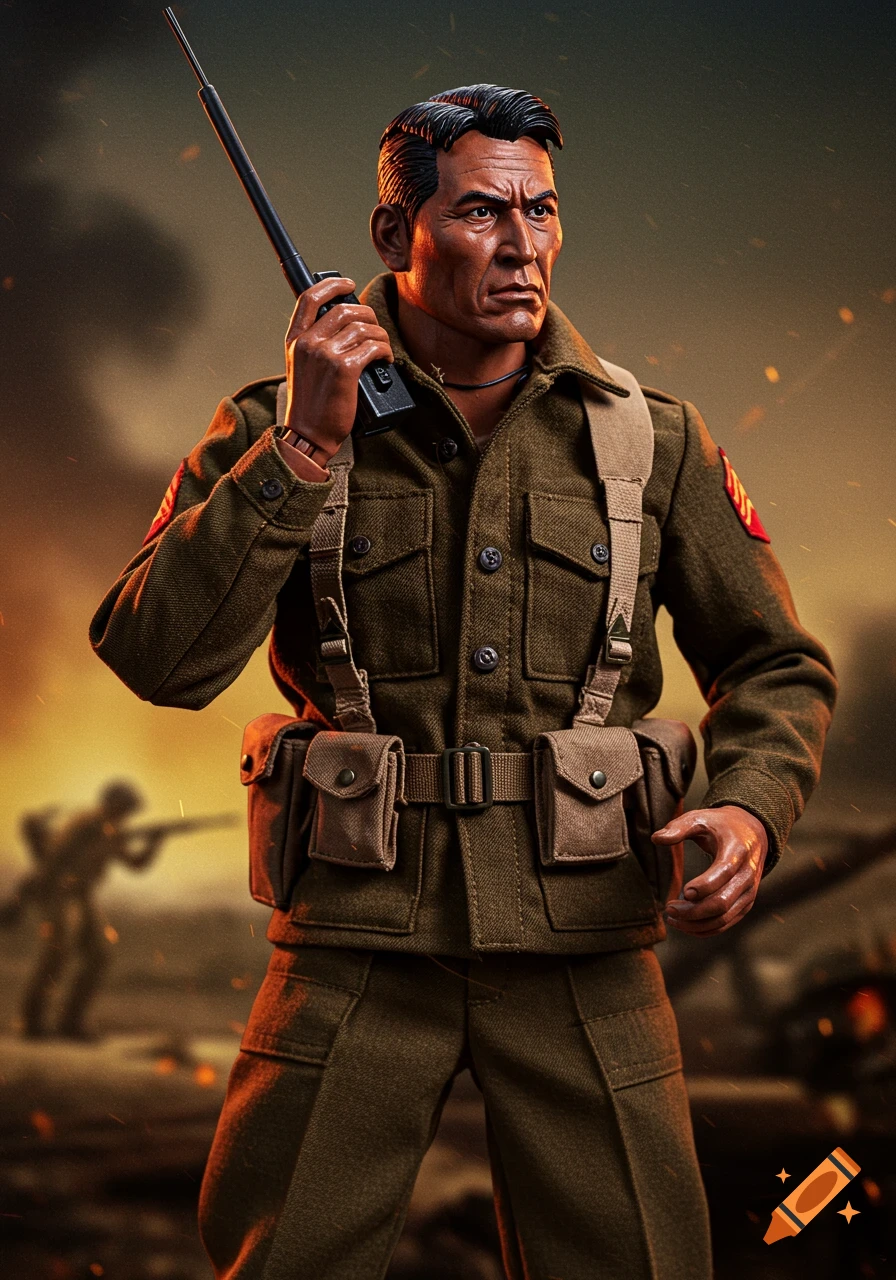 Action figure of a WW2 soldier holding a radio against a smoky battlefield background.