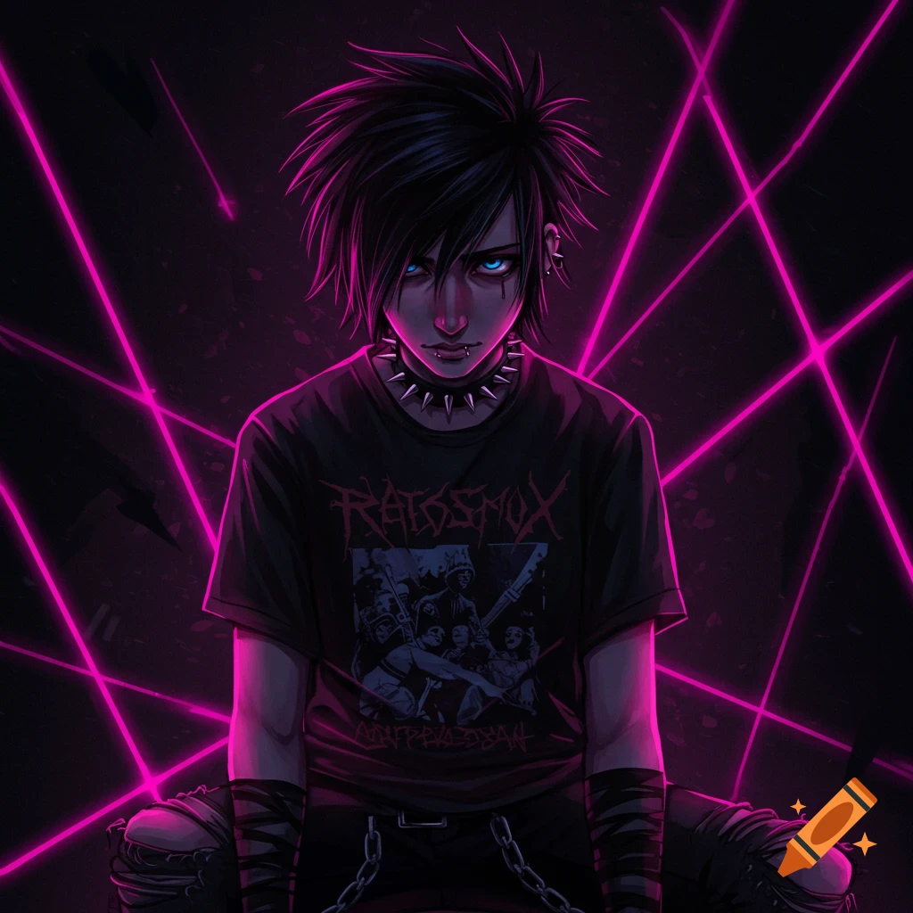 Digital art of an emo person with spiky black hair, glowing blue eyes, and a spiked collar, standing in pink laser beams.