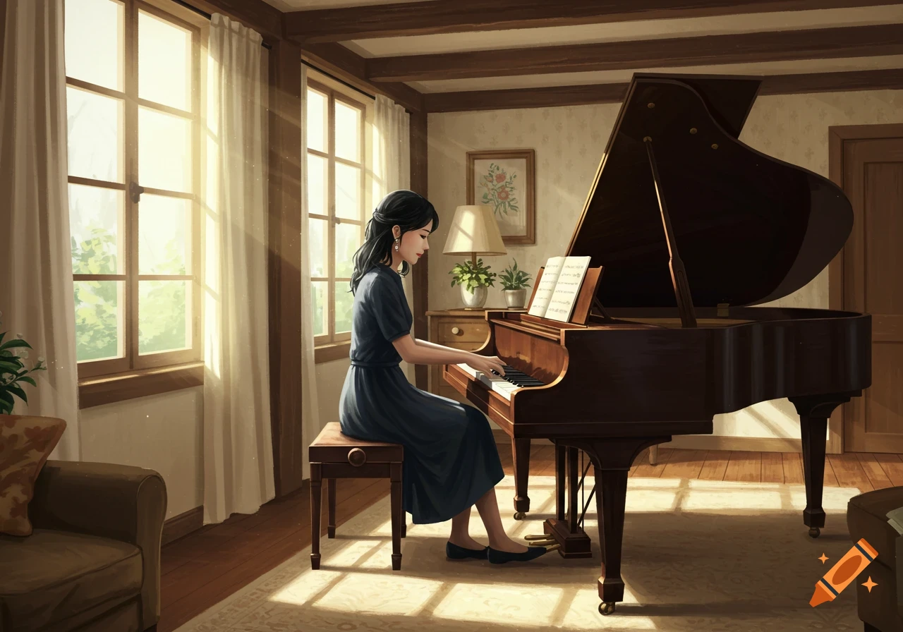 Woman playing a grand piano in a sunny room with windows.