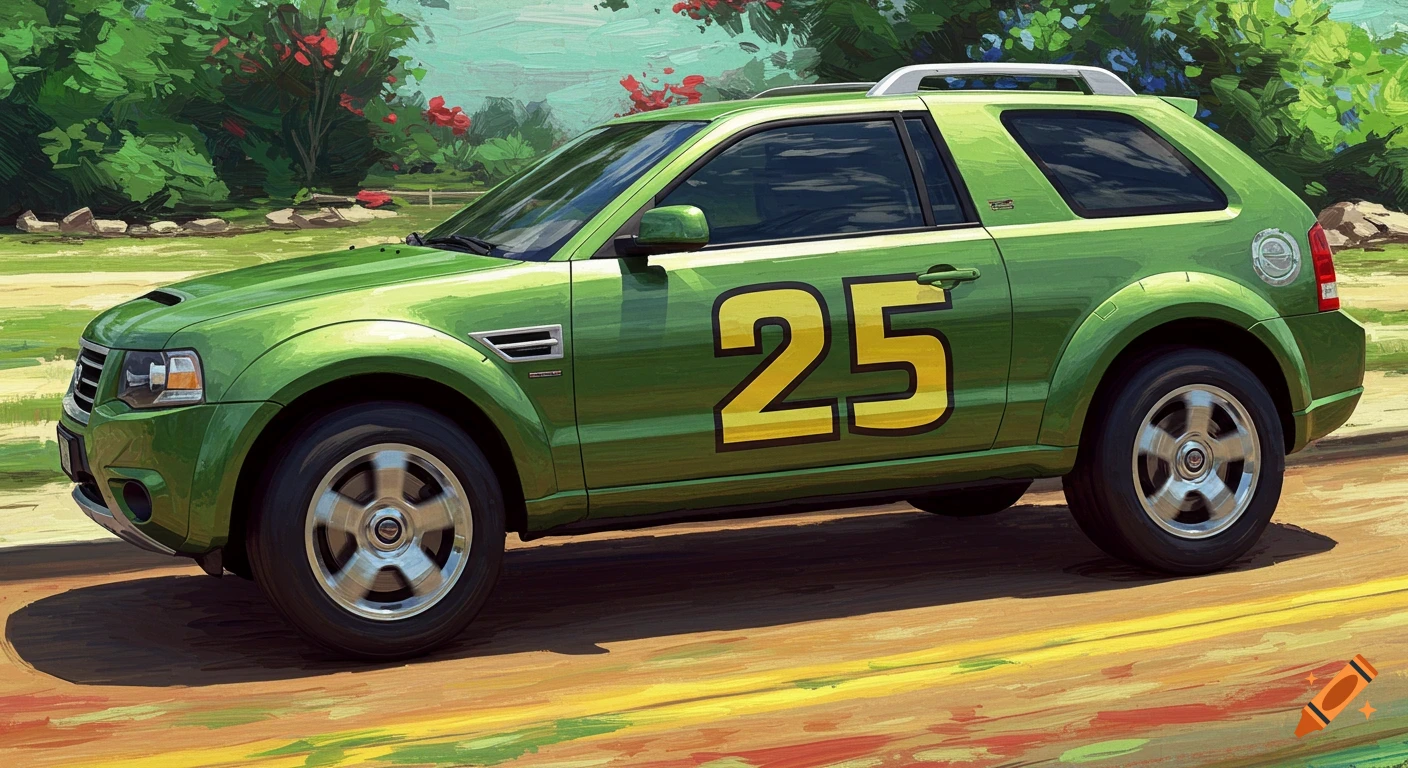 Painterly illustration of a green SUV with the number 25 on the door, driving on a dirt road.