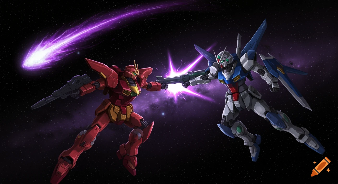 Two giant robots fighting in space with a purple meteor streaking across the background.
