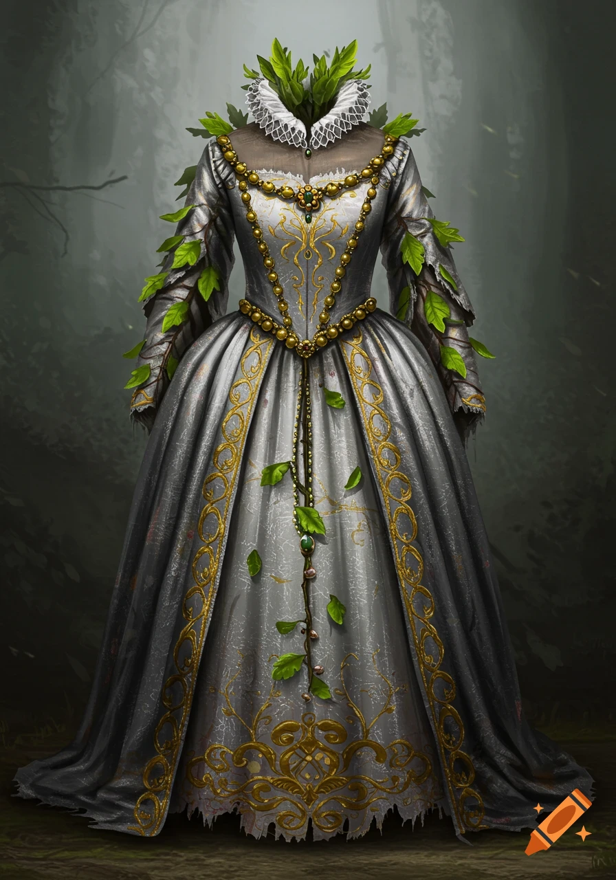 A tattered silver Tudor gown with gold trim and draped leaves stands in a misty forest, fantasy art.