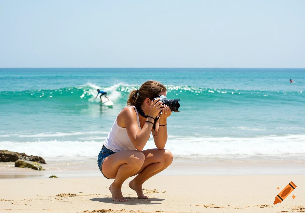 Woman photographing a surfer on a beach.