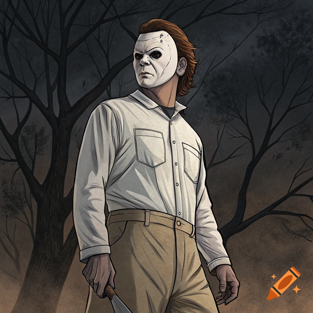 Illustration of Michael Myers in mask and white shirt, holding a knife in a dark forest