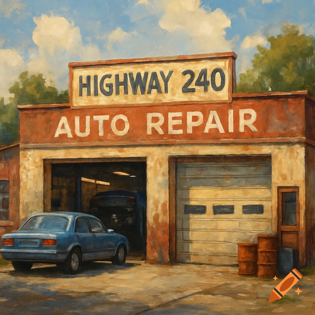 Painterly scene of a roadside auto repair shop with cars parked outside on a sunny day.