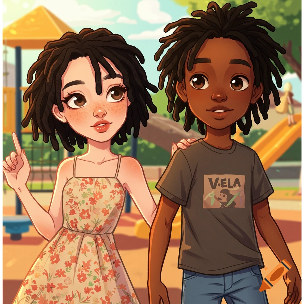 Cartoon of two children with locs standing together at a playground.