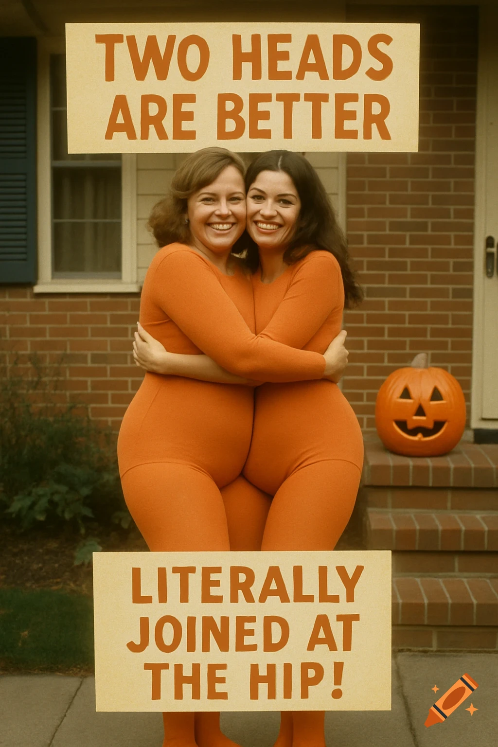 Two women in a merged orange costume with signs and a pumpkin, 1970s photo style.