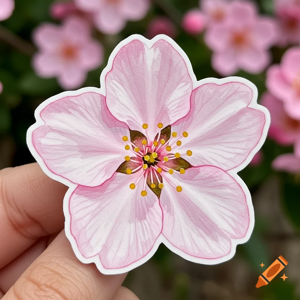 Watercolor sakura blossom sticker held in hand with blurred floral background