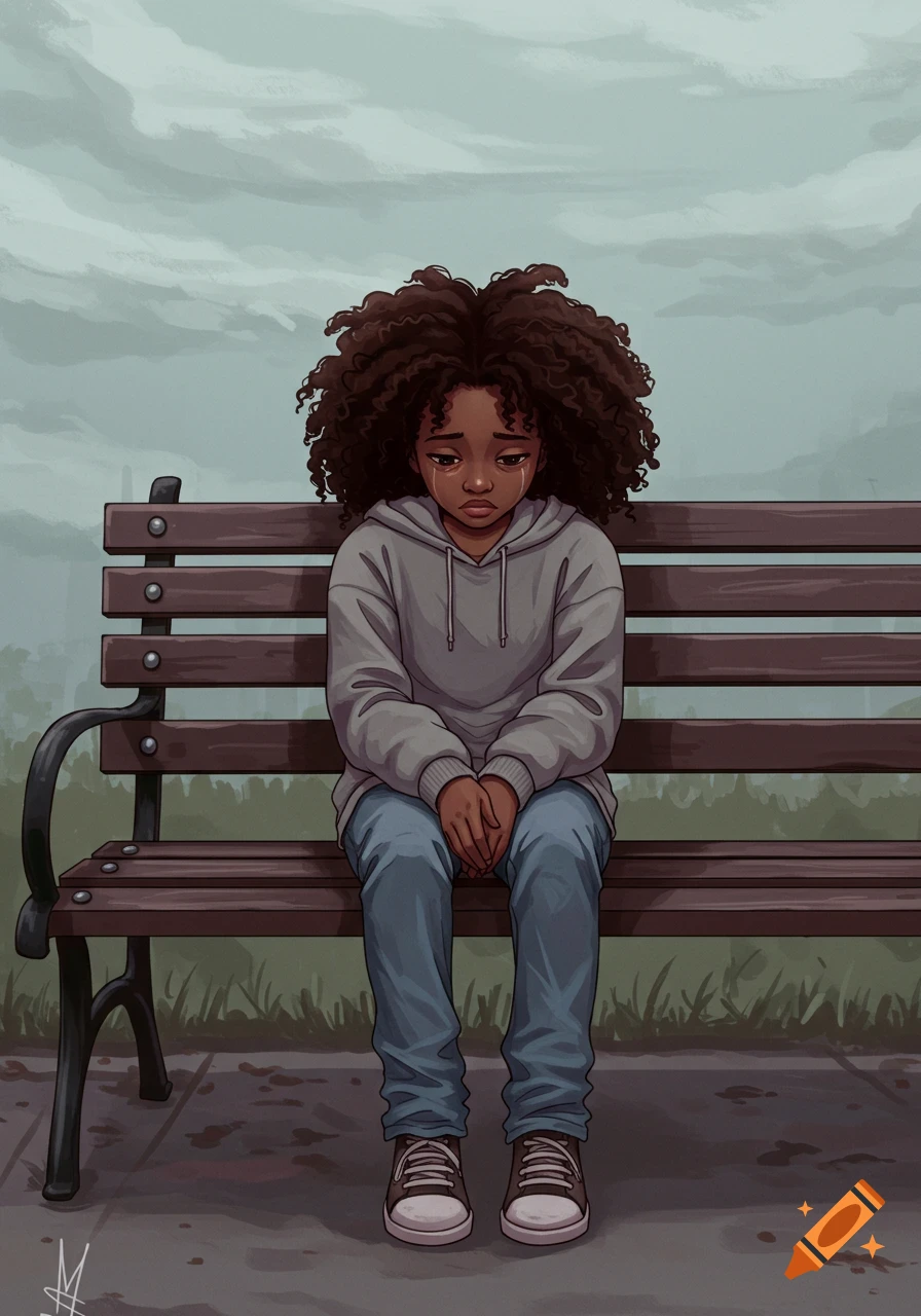 Illustration of a sad young girl with curly hair sitting on a park bench, crying.
