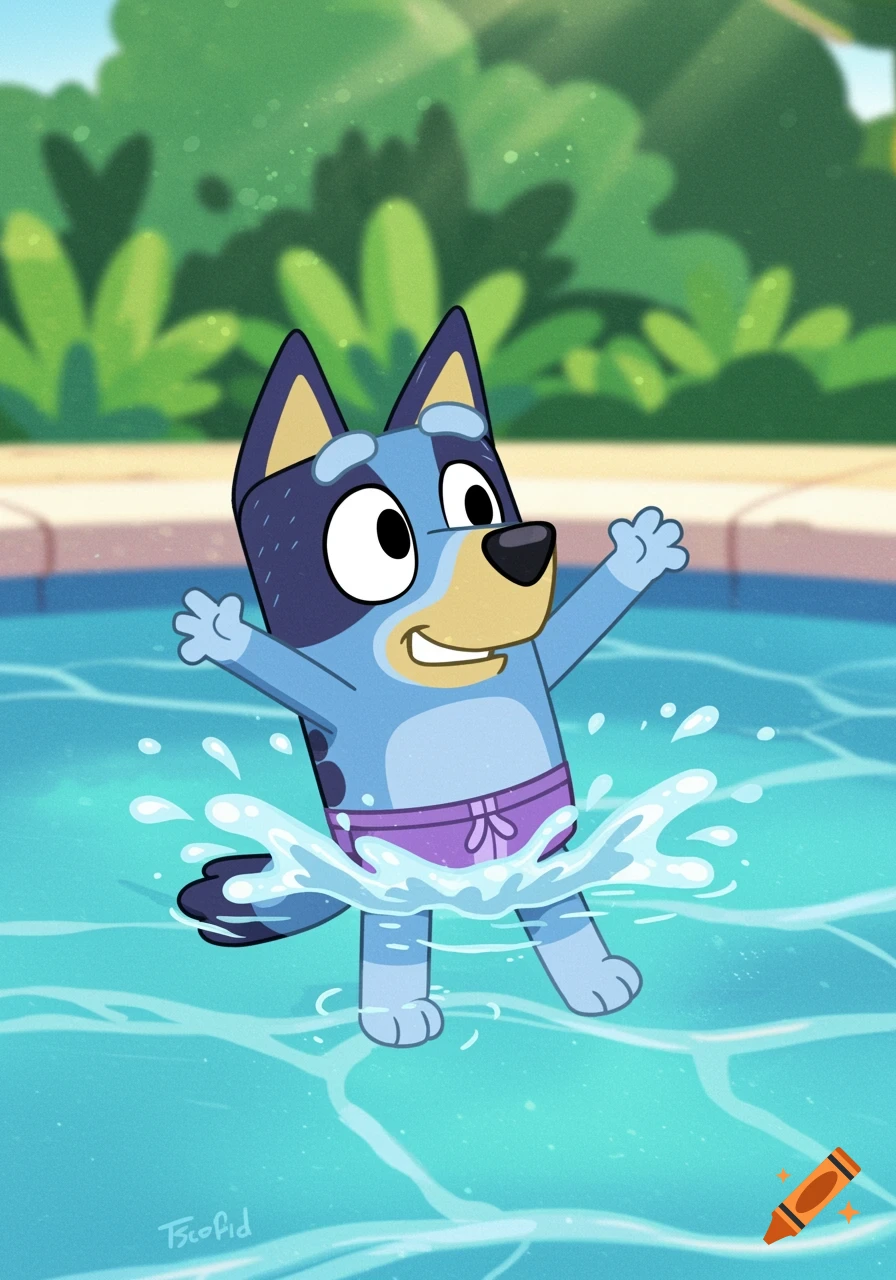 Bluey swimming in a pool wearing purple trunks.