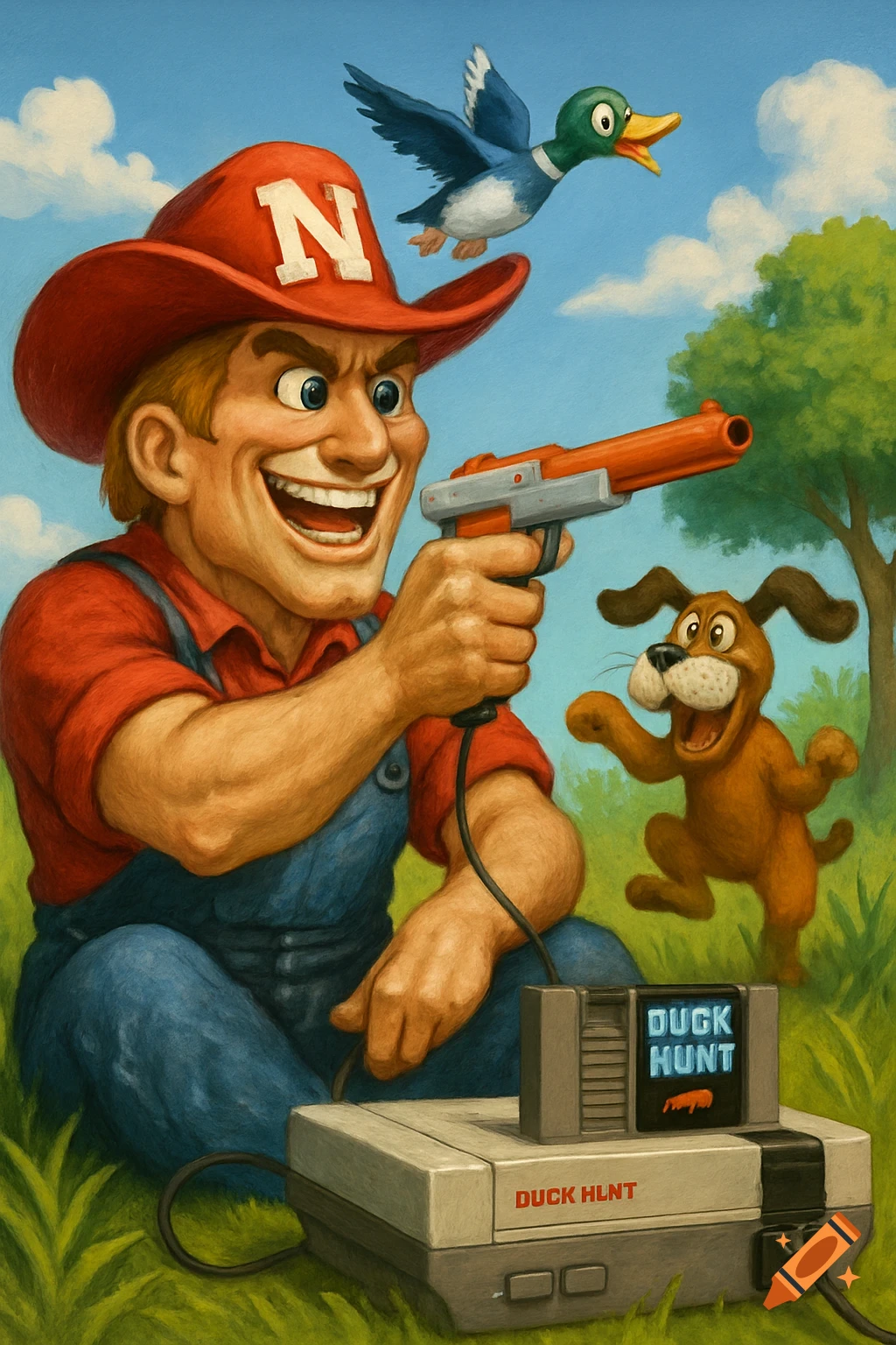 Cartoon cowboy character in red hat playing Duck Hunt video game with dog and duck