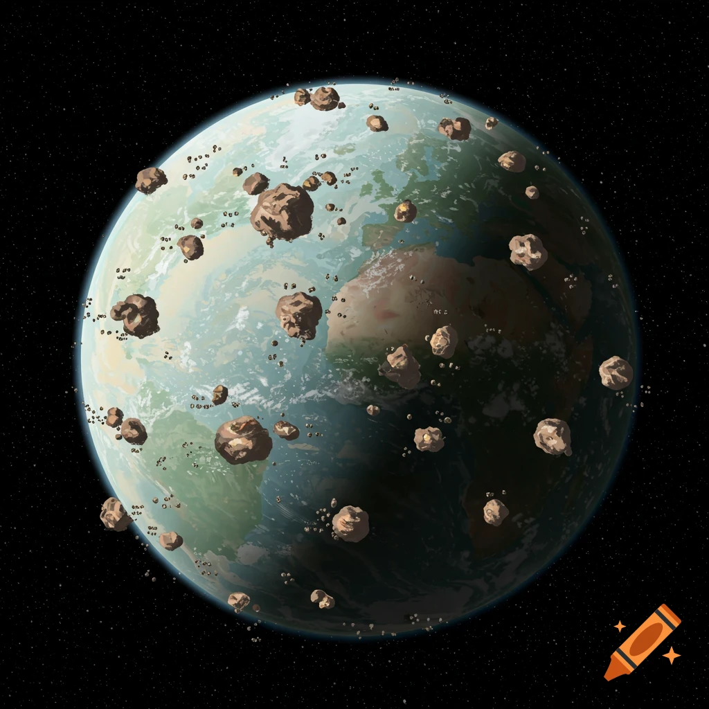 A planet with oceans and landmasses, surrounded by a field of asteroids in space.
