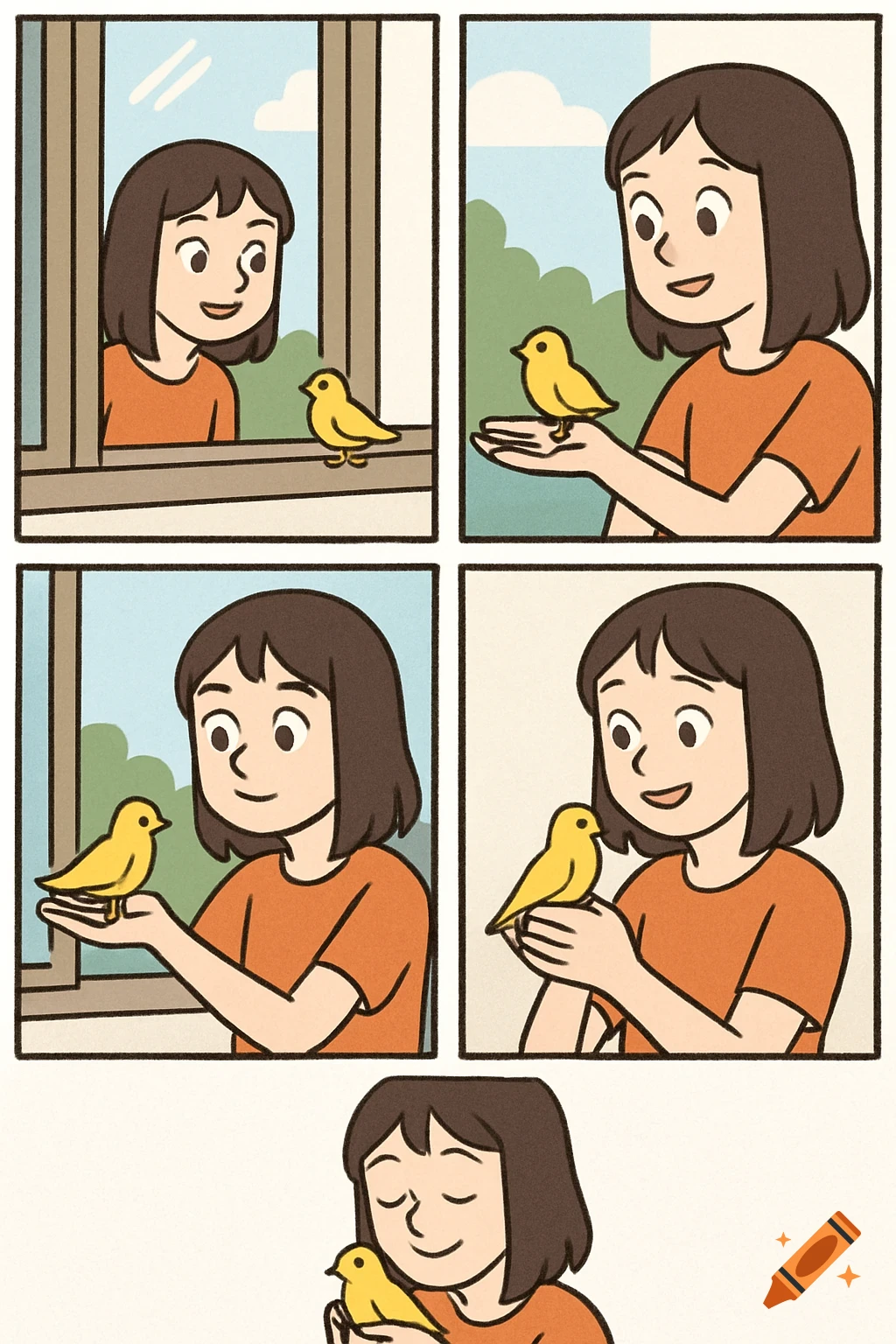 A 5-panel comic strip of a girl finding and holding a small yellow bird. Simple illustration style.