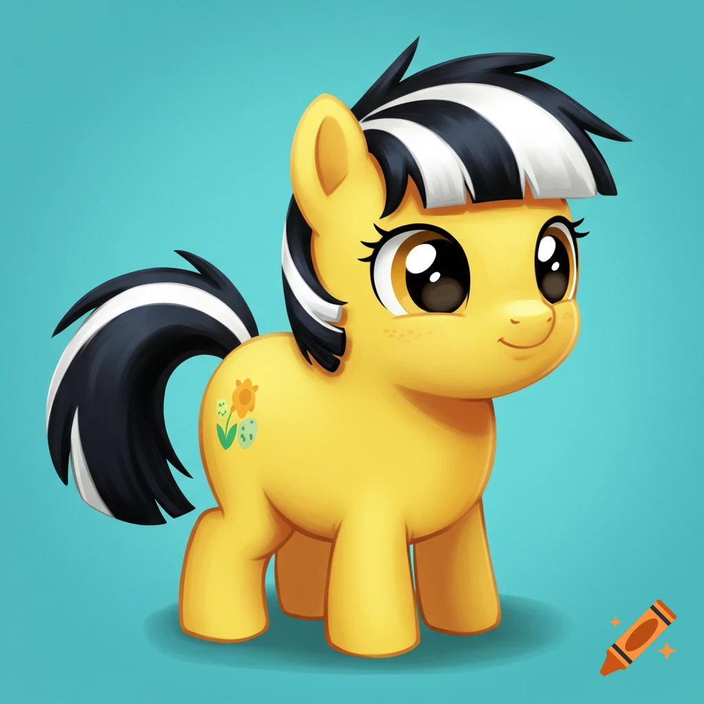 A cartoon yellow pony with a black and white mane and tail stands on a turquoise background.