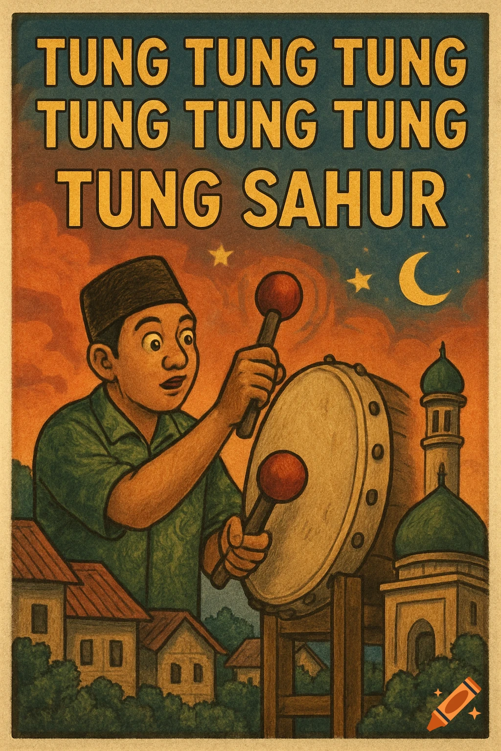 Retro style illustration of a boy playing a drum with text TUNG TUNG TUNG SAHUR above buildings under a starry sky.