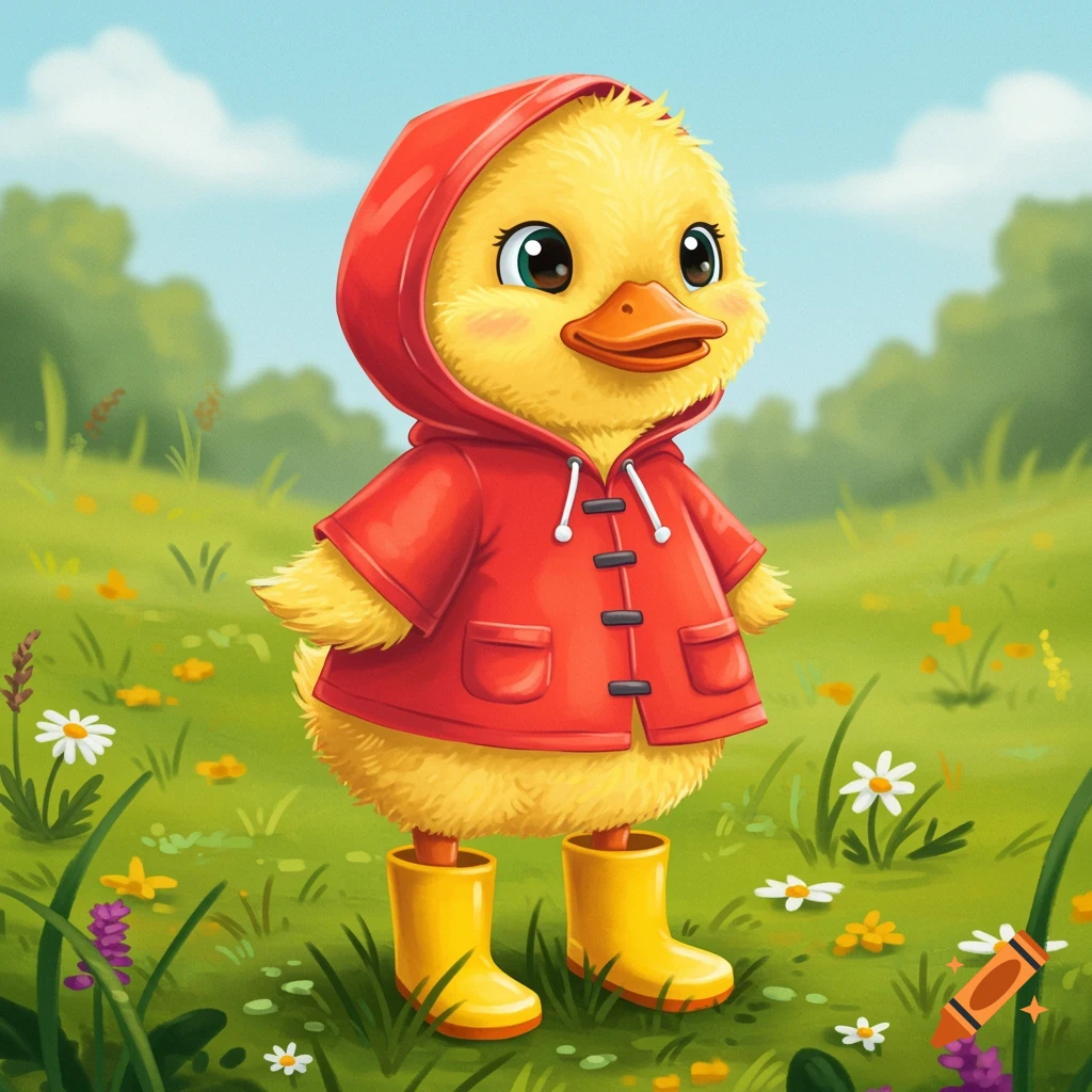 A cute cartoon duckling wearing a red raincoat and yellow boots stands in a grassy field with flowers.