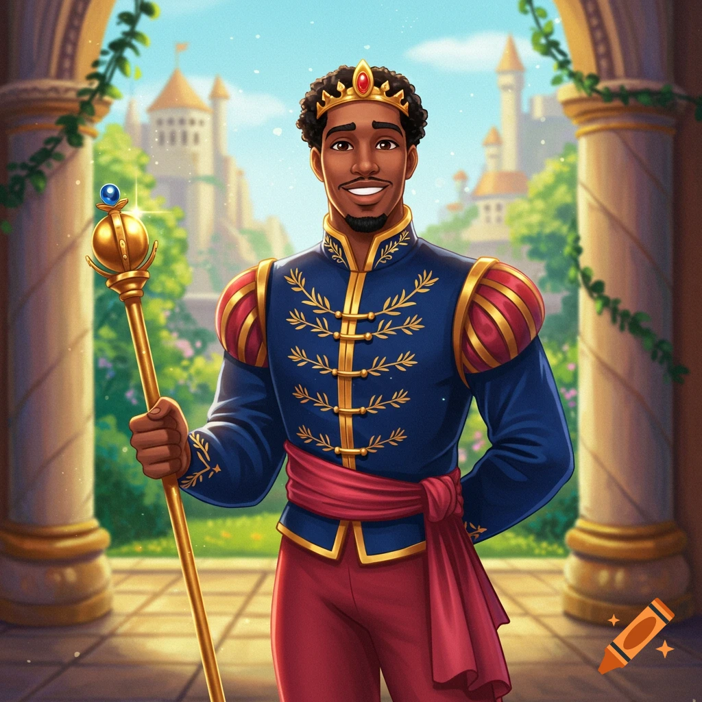 Cartoon Black prince holding a staff in a castle courtyard.