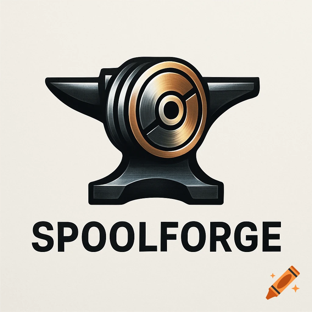 Sleek industrial logo combining an anvil and a spool, with text 'SPOOLFORGE'.