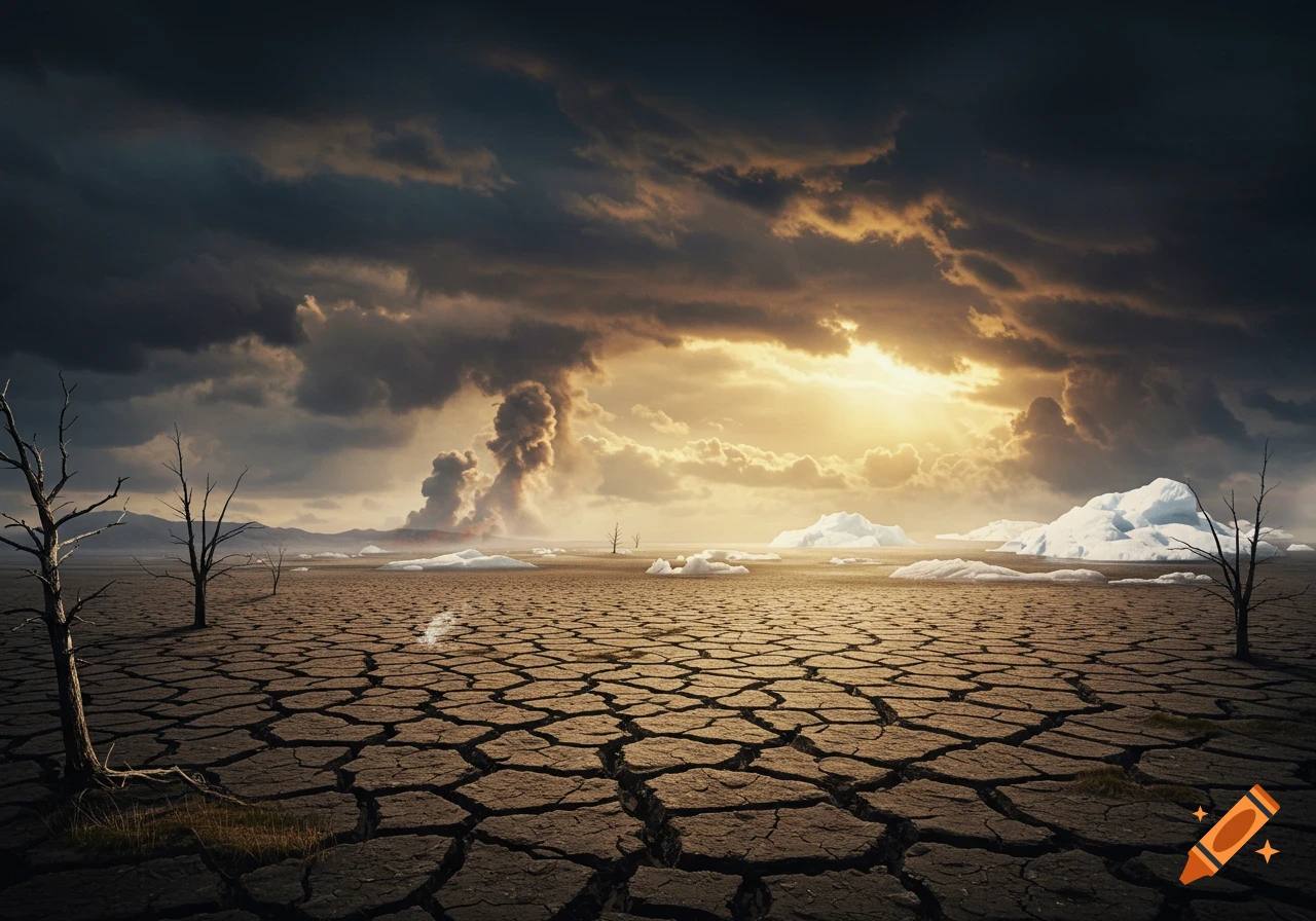 Cracked dry earth with dead trees, icebergs, and smoke under a stormy sky.
