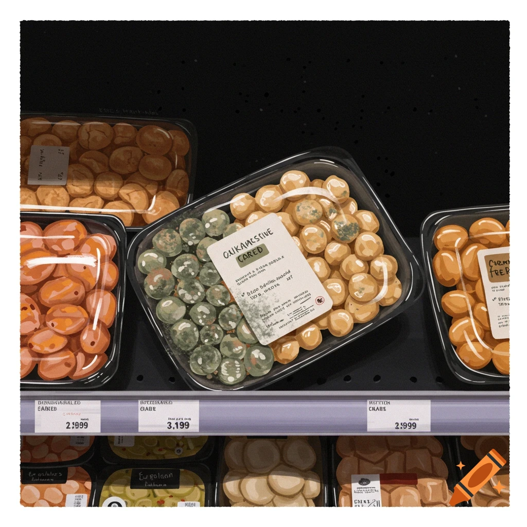 Stylized illustration of packaged food on a grocery shelf, with one package containing moldy items.