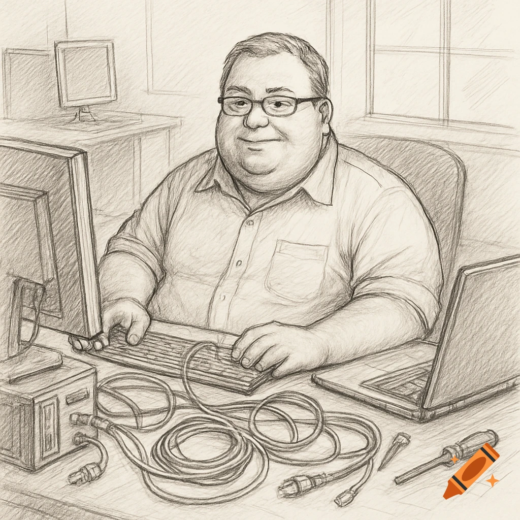 Pencil sketch of an IT technician working at a desk with computers, cables, and tools.