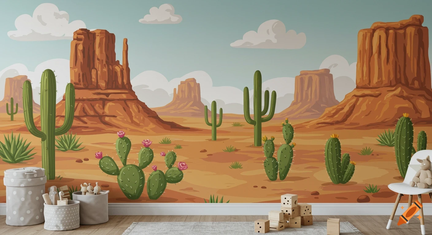 Cartoon desert mural with buttes, cacti, toy bins, and chair in a nursery.