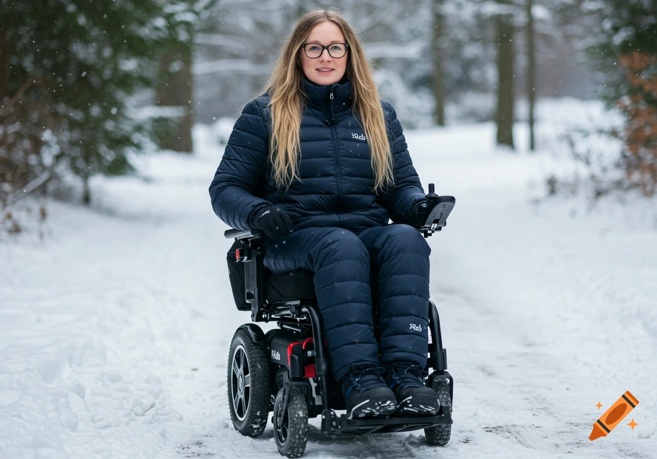 Woman in a navy blue puffer suit sits in a wheelchair on a snowy path outdoors