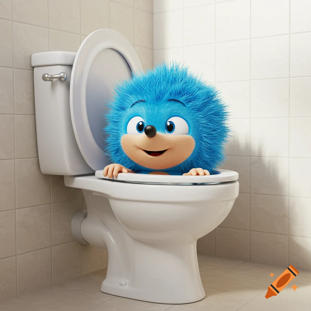 A fluffy blue cartoon creature smiles while looking out of a toilet.