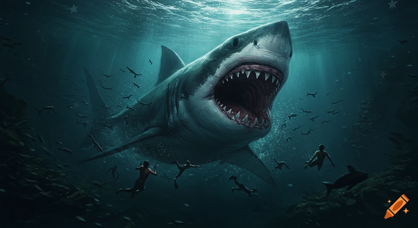 A large shark with mouth open chases swimmers underwater.
