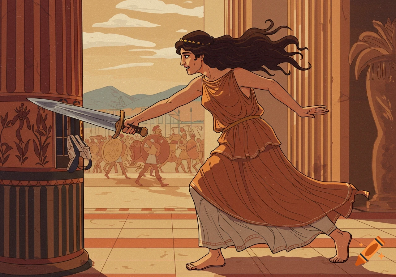 Greek-style illustration of Achilles dressed as a woman, grabbing a sword with soldiers in background