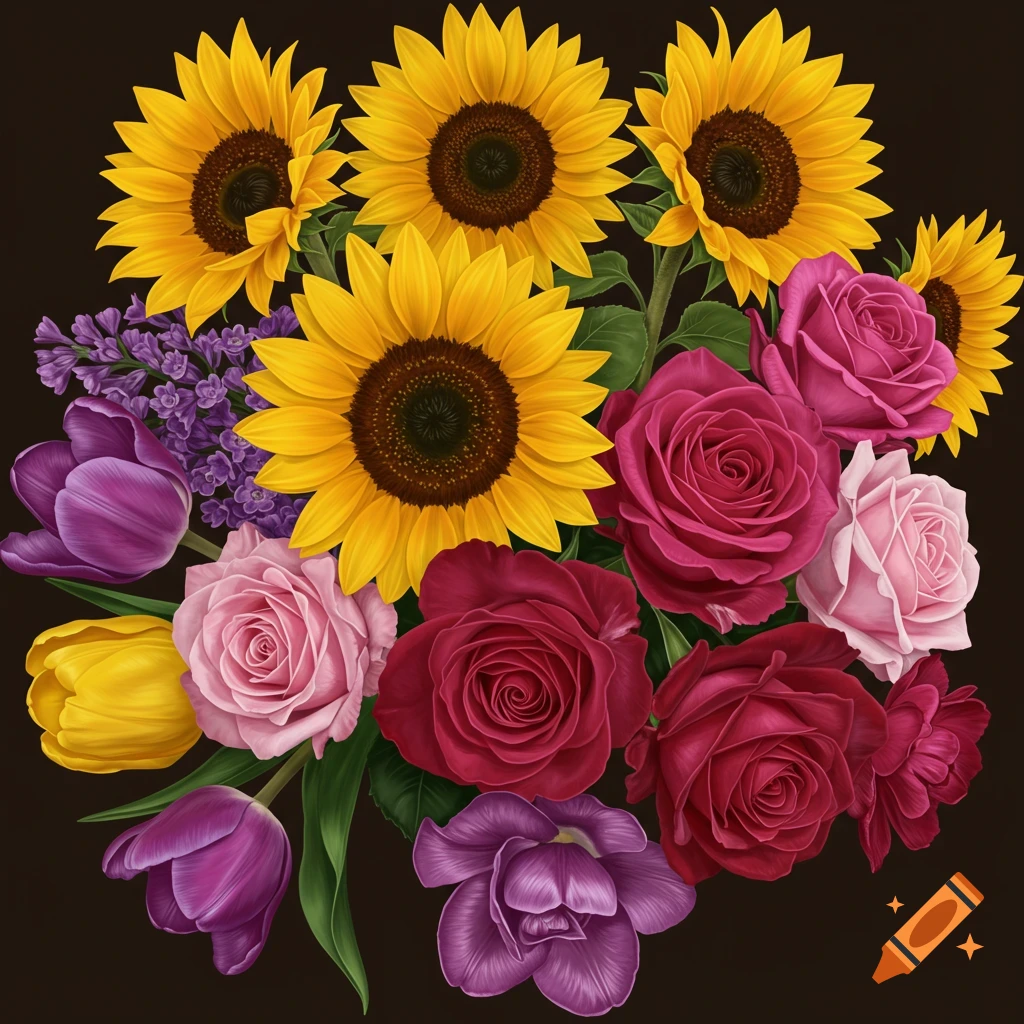 A vibrant bouquet of sunflowers, pink and red roses, purple tulips, and lilac flowers on a dark background.