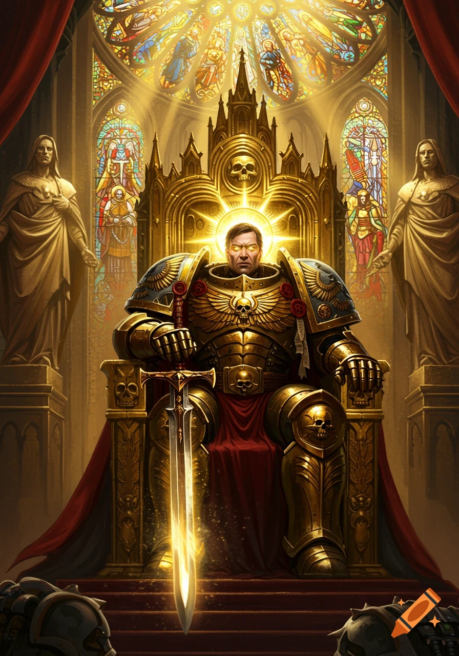 A powerful figure in golden armor sits on a throne in a church with stained glass.