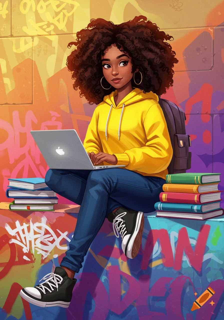 Anime style illustration of a black college student with curly hair using a laptop by books against a graffiti wall.