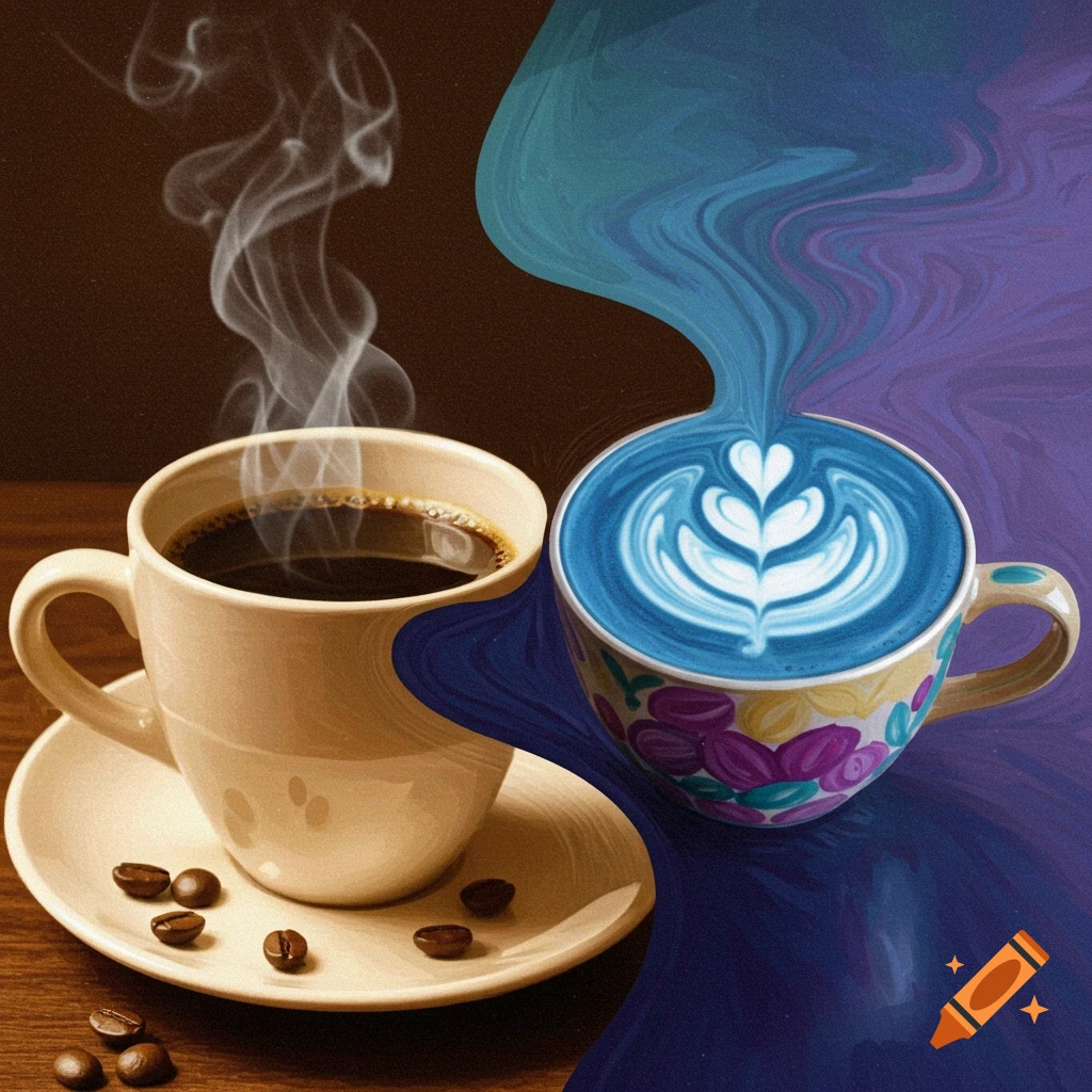 Two cups of coffee merged in an image, one black with steam, one blue latte with art.