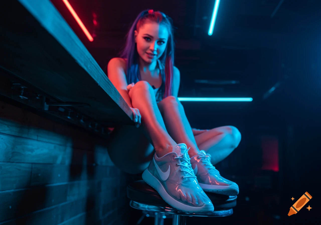 Woman sits on barstool in a neon-lit club, wearing translucent shoes.