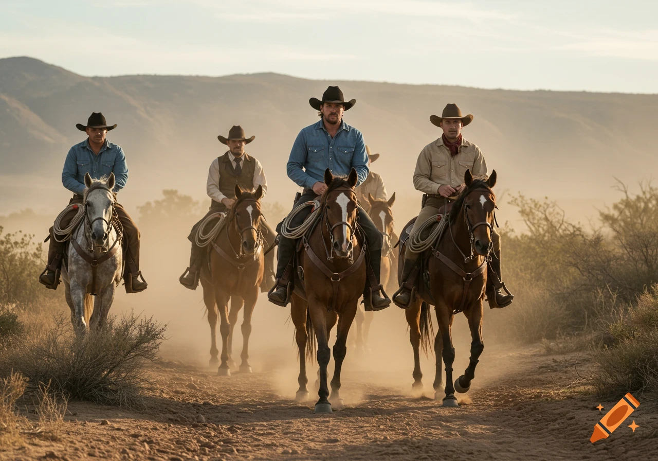 Four cowboys ride horses on a dusty trail through a desert landscape under warm sunlight.