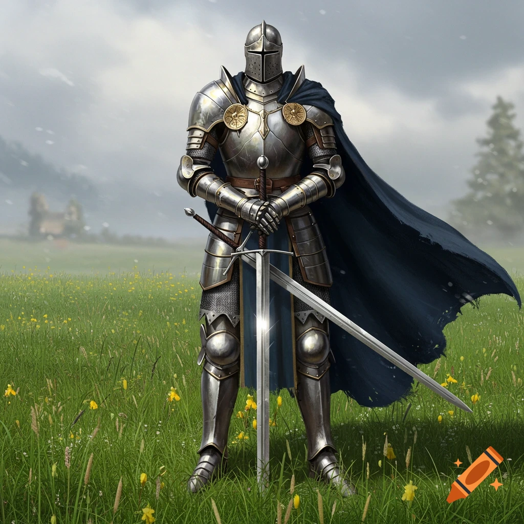 A knight in full plate armor stands in a grassy field holding a large sword.