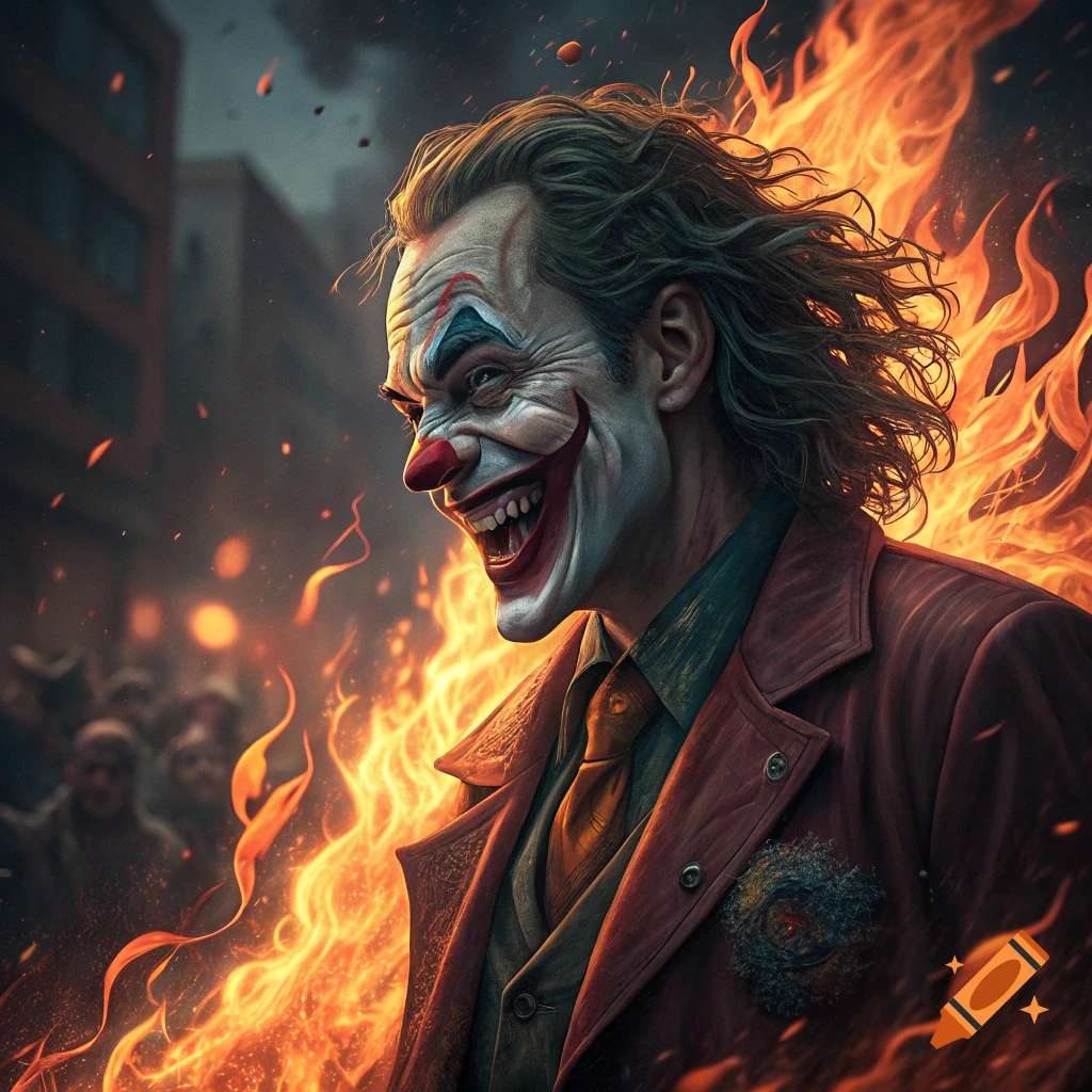 Joker smiling amidst fire on a city street with blurred figures