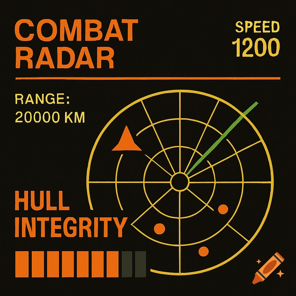 A retro spaceship combat radar display showing range, speed, hull integrity, and targets.