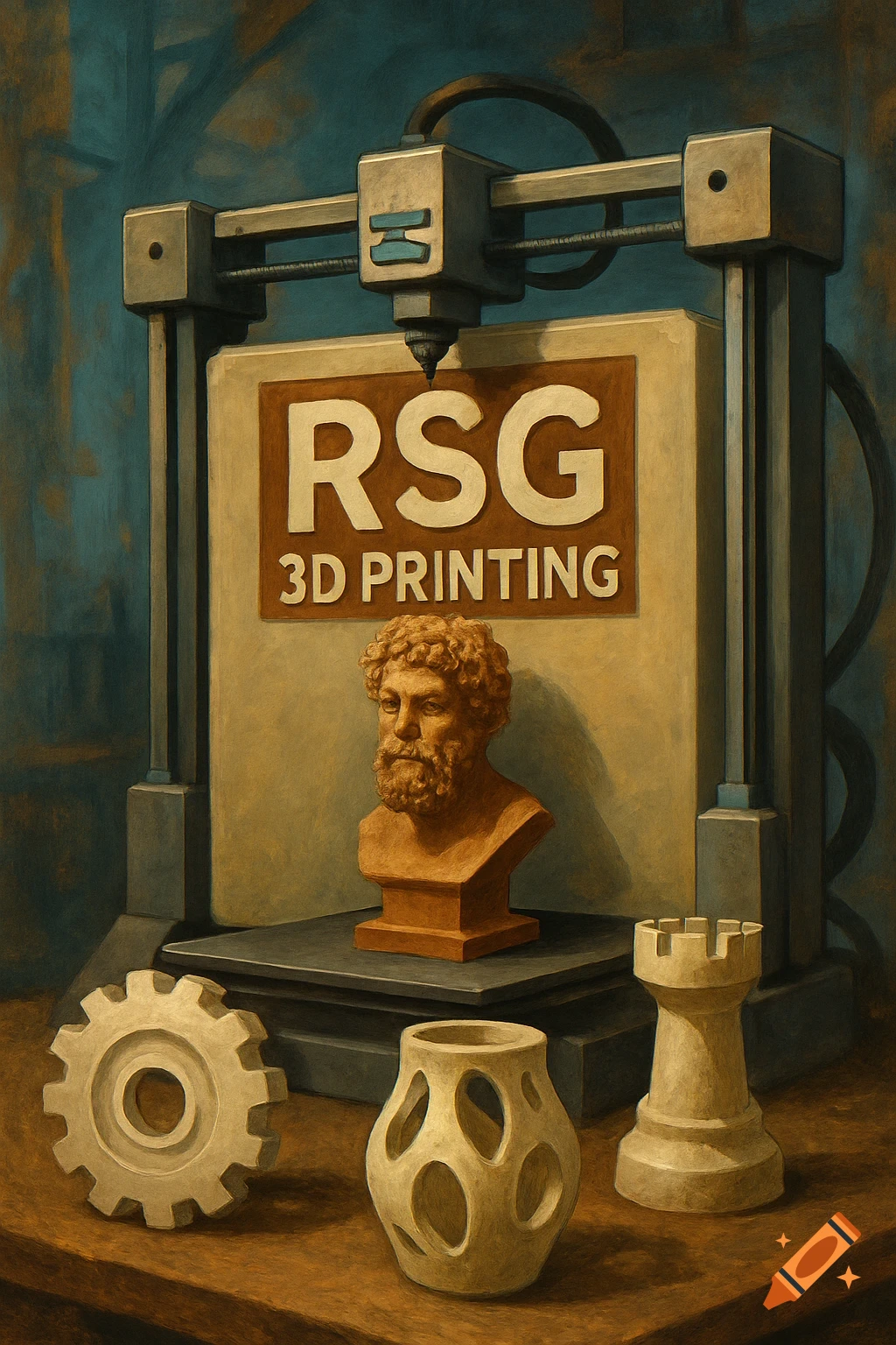 Still life painting of a 3D printer with a bust, gear, vase, and chess piece, sign reads RSG 3D Printing