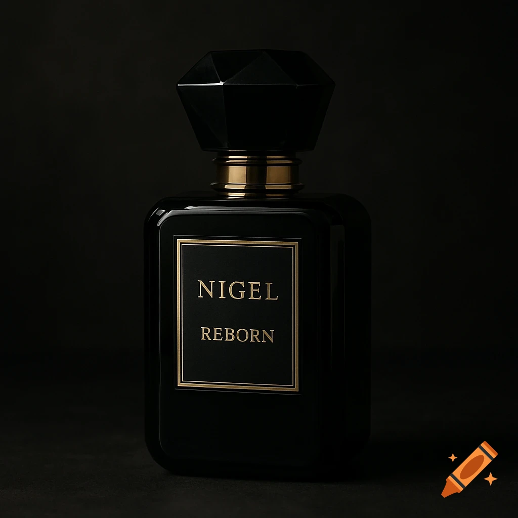 Black perfume bottle with gold text label NIGEL REBORN on a dark background.