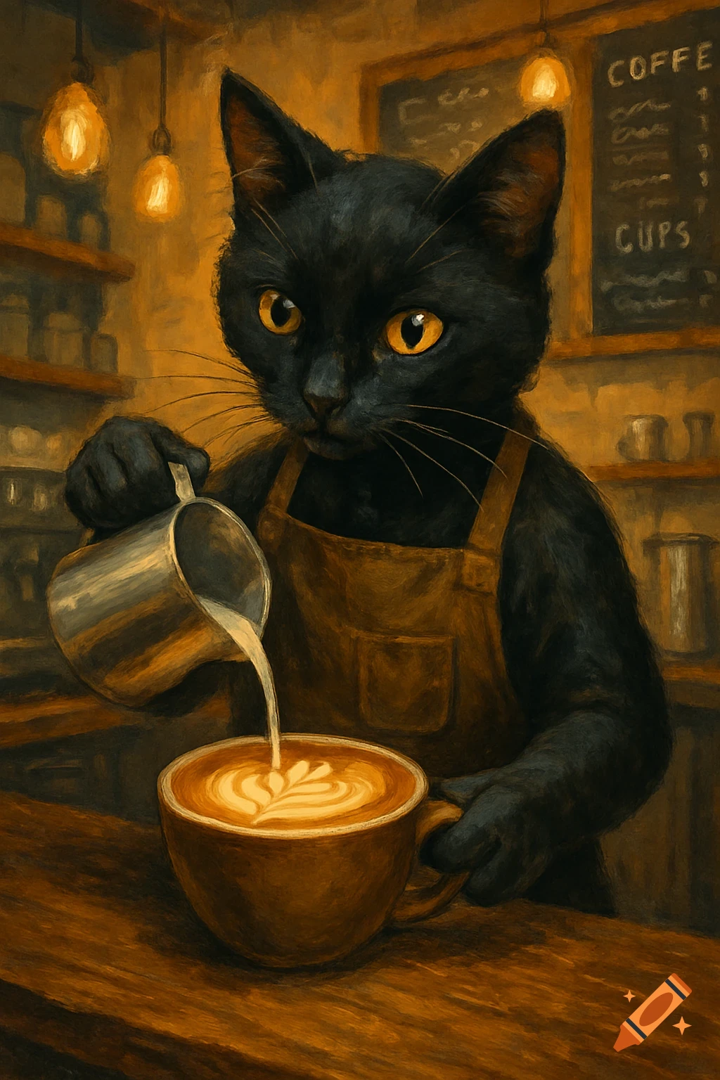 A black cat wearing a barista apron pours latte art in a coffee shop.
