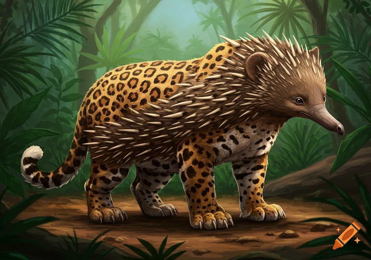 A creature that is a mix of a leopard and an echidna stands in a lush jungle.