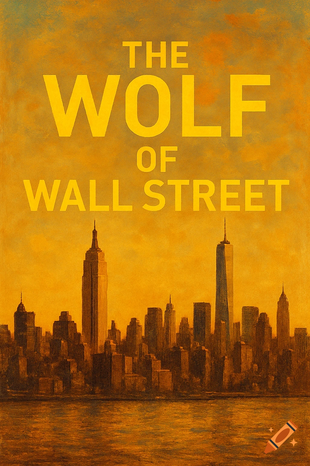 Text 'THE WOLF OF WALL STREET' over a stylized New York City skyline.