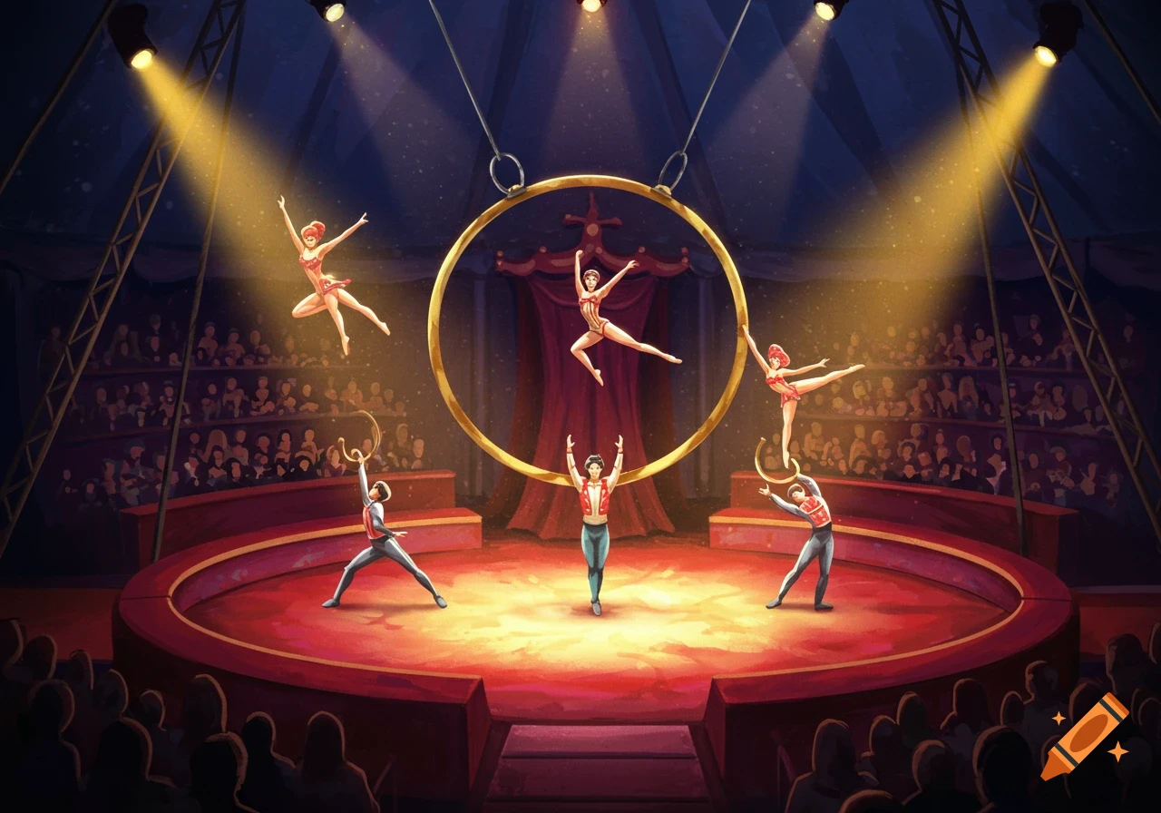 A dynamic illustration of acrobats performing under the lights in a packed circus tent.