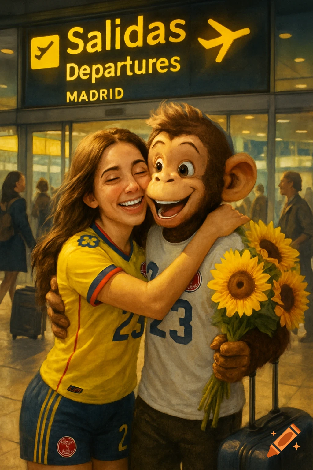 A woman and a monkey hug at an airport under a departures sign. The monkey holds sunflowers and luggage.