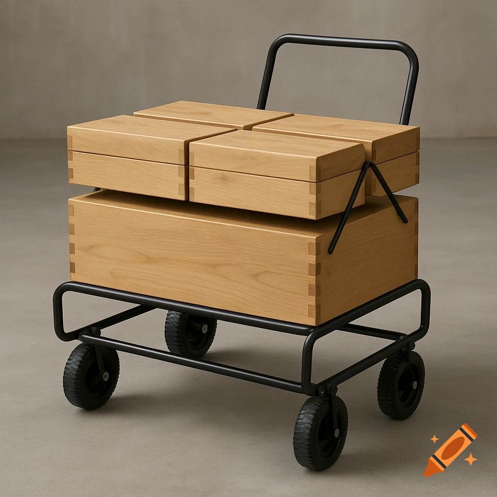 A wooden cantilever toolbox on a black metal cart with wheels.