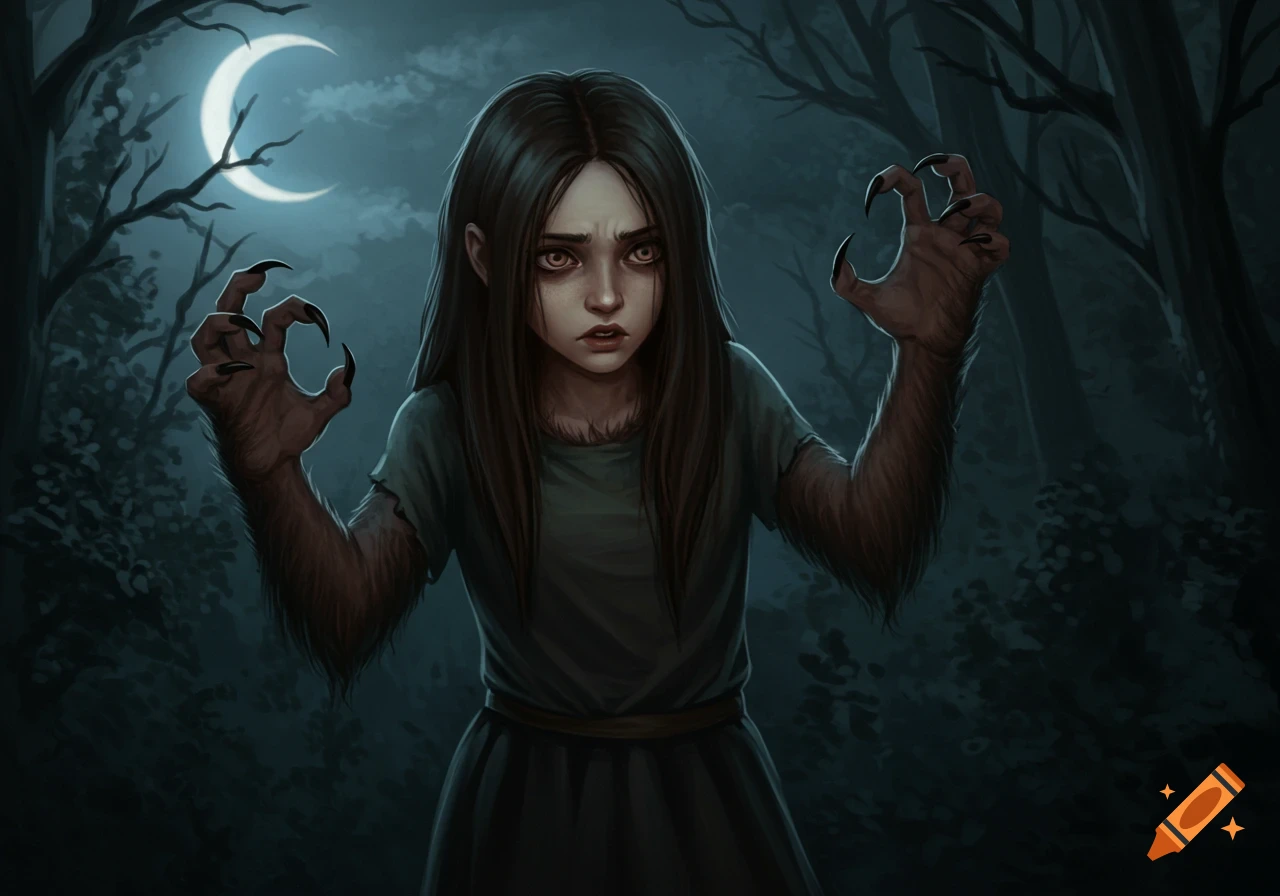 A girl with werewolf hands stands in a dark forest under a crescent moon.