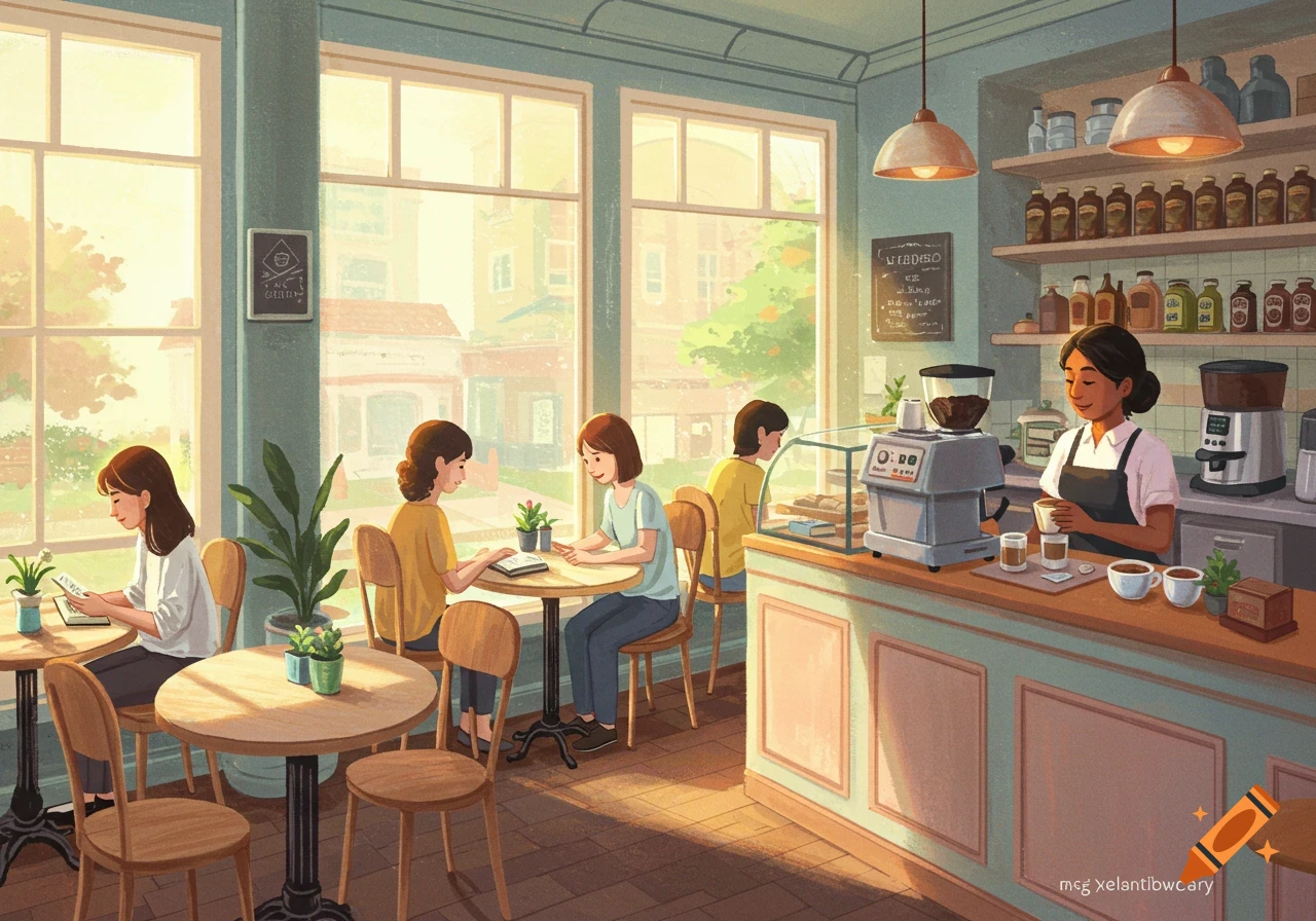 Illustration of people sitting at tables and a barista at the counter in a sunny cafe.